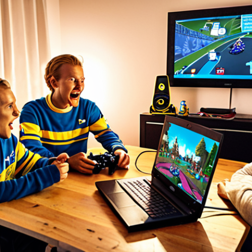 Home 19 **Image:** A group of Swedish Kart Rider players intensely focused around a table, illuminated by laptop screens, strategizing and gesturing excitedly. Speech bubbles above their heads contain Swedish slang related to gaming and teamwork. The setting is a cozy, modern "LAN party" environment in a typical Swedish home, perhaps with IKEA furniture visible.
**Prompt:** A vibrant illustration capturing the energy of a Swedish Kart Rider team planning their next move at a local LAN party. Emphasize teamwork and communication with visual cues like highlighted maps, excited facial expressions, and speech bubbles filled with Swedish gaming slang. The backdrop should showcase a modern, comfortable Swedish home setting.