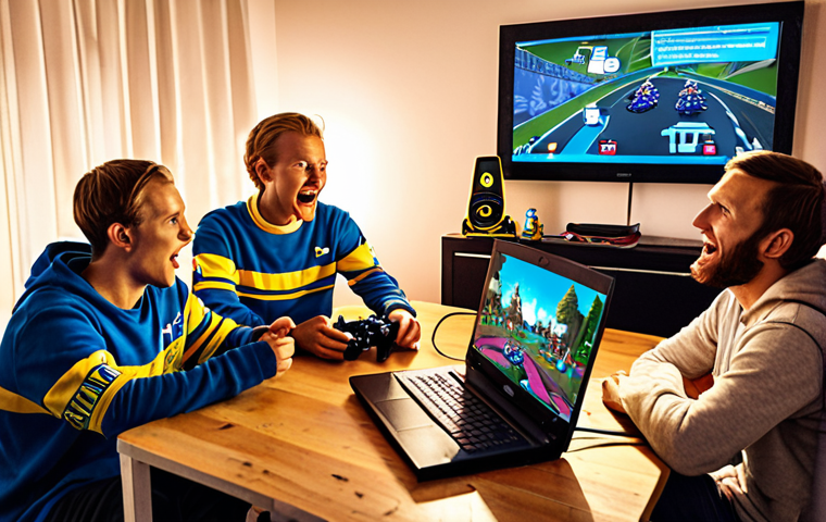 **Image:** A group of Swedish Kart Rider players intensely focused around a table, illuminated by laptop screens, strategizing and gesturing excitedly. Speech bubbles above their heads contain Swedish slang related to gaming and teamwork. The setting is a cozy, modern "LAN party" environment in a typical Swedish home, perhaps with IKEA furniture visible.
**Prompt:** A vibrant illustration capturing the energy of a Swedish Kart Rider team planning their next move at a local LAN party. Emphasize teamwork and communication with visual cues like highlighted maps, excited facial expressions, and speech bubbles filled with Swedish gaming slang. The backdrop should showcase a modern, comfortable Swedish home setting.